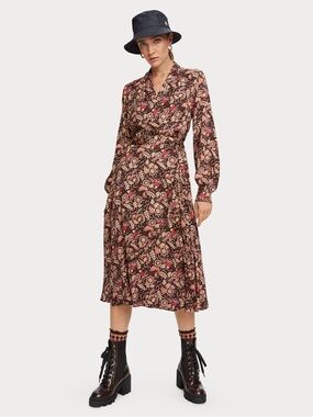 Scotch & Soda Brown Floral Midi Dress with Pink Accents